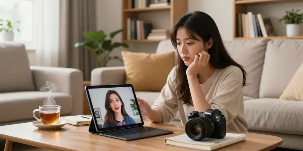 Engaged user interacting with a girlfriend AI on a tablet in a cozy living room setting.