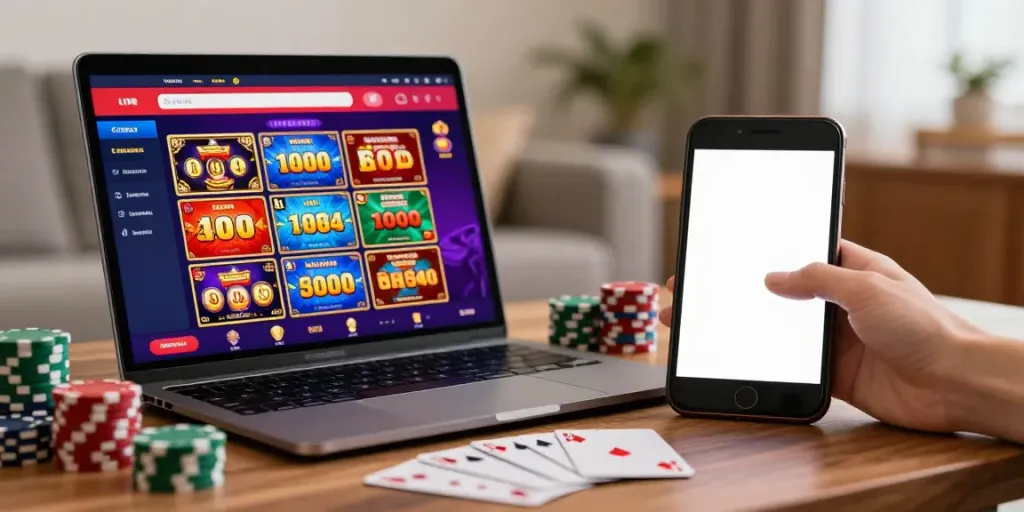 Interface de casinos sans dépôts sur un écran d'ordinateur avec jeux de machines à sous et cartes.