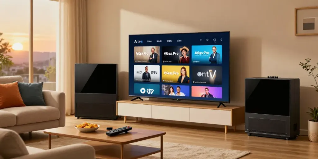 Profitez des chaînes en direct avec l'application atlas pro iptv dans un salon confortable