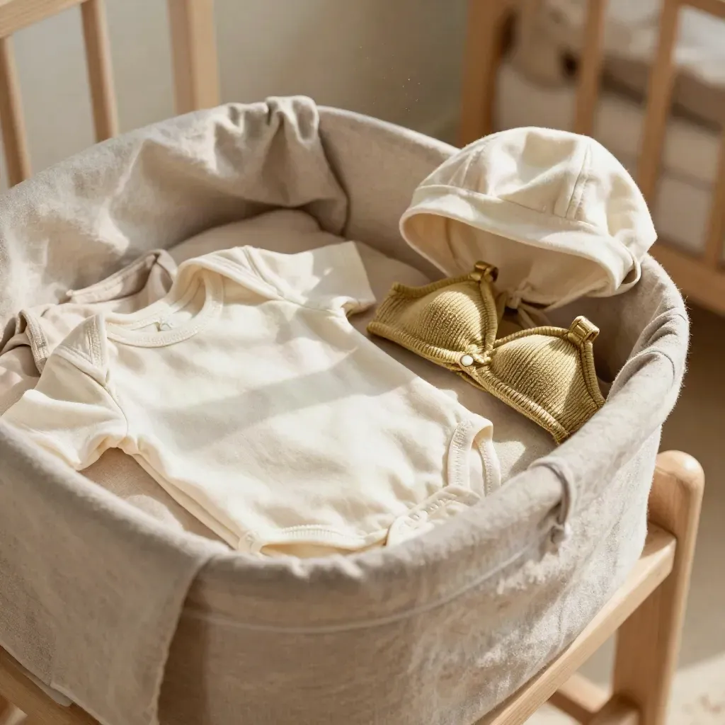 Panier de naissance ouvert avec bodies, lange, brassière et bonnet en coton près d'une chaise d'enfant.