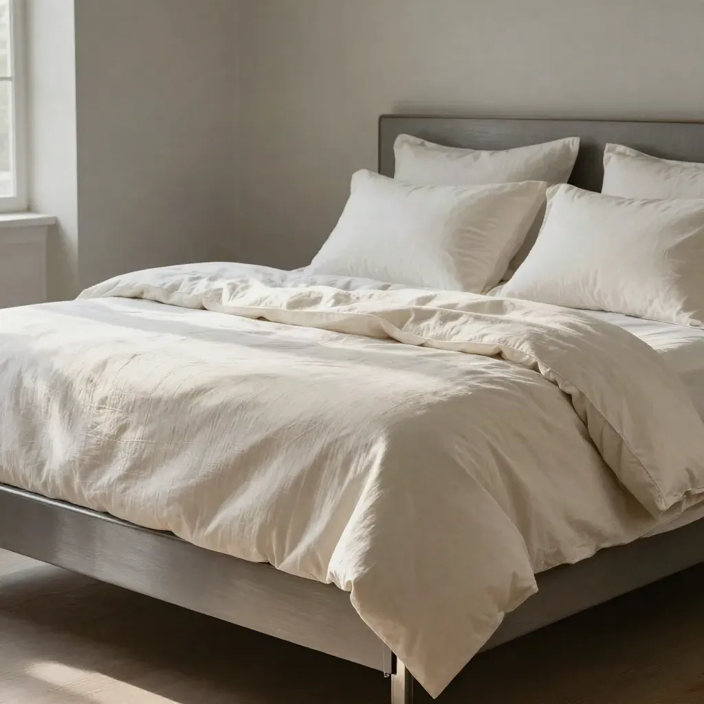 Grand lit double en coton ivoire, draps finis, deux taies et plaid au pied, lumière du matin.