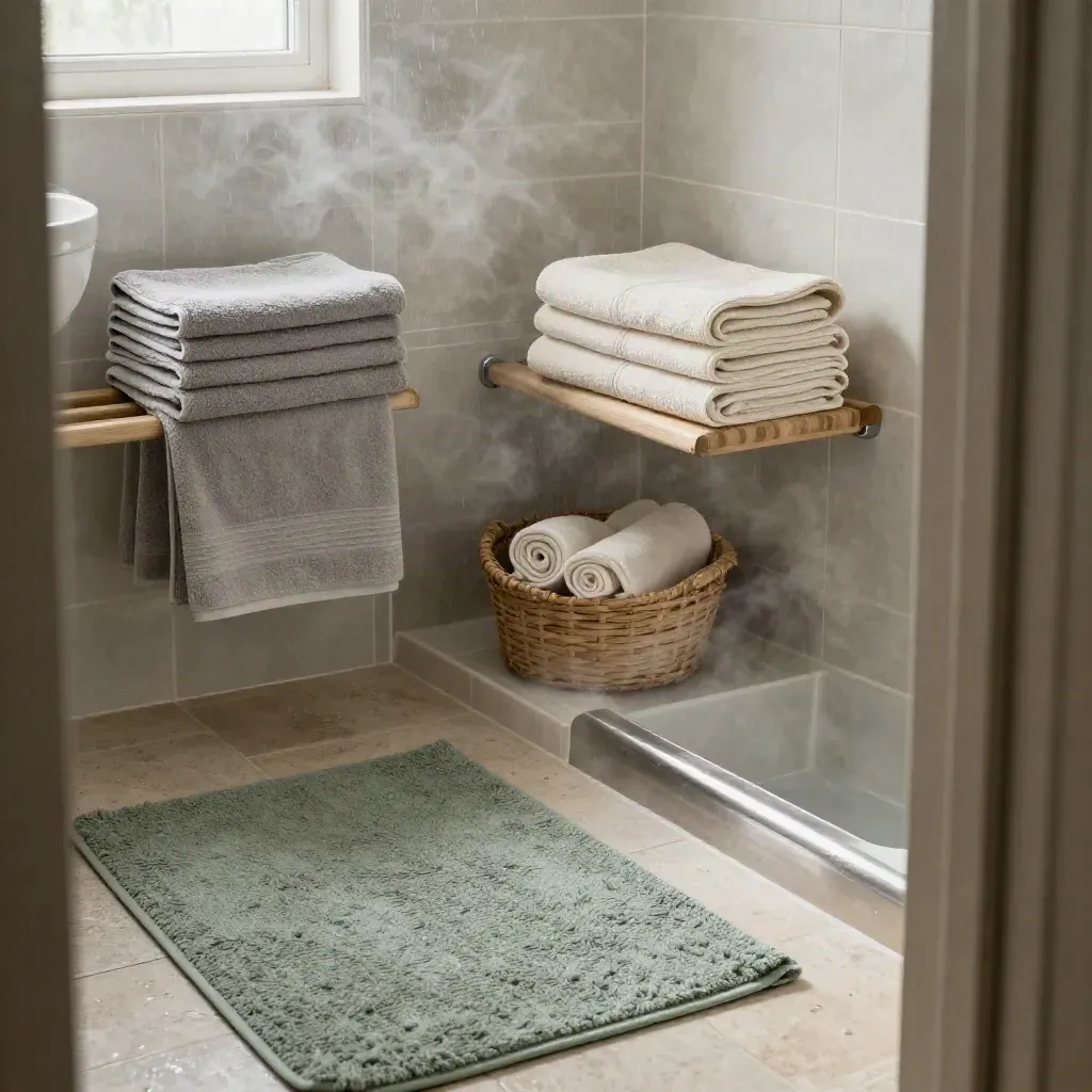 Salle de bain lumineuse avec serviettes moelleuses, panier tressé, tapis sage et vapeur après la douche