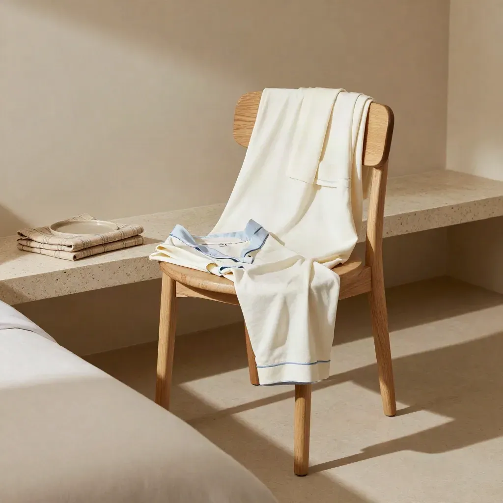 Pyjama en coton sur un fauteuil, plaid plié et plateau céramique dans une chambre calme.