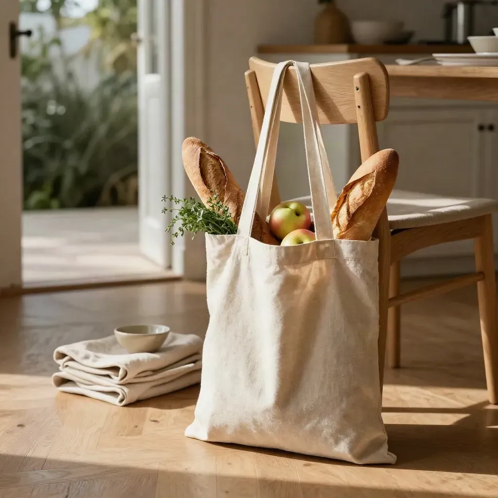 Sac de marché en toile rempli de pommes, baguettes et herbes, suspendu à une chaise de cuisine.