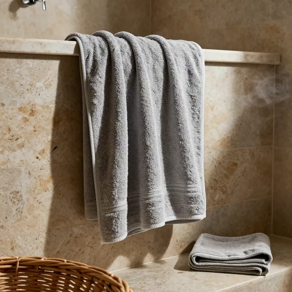Serviette épaisse et drap de bain suspendus près d’une douche en pierre, avec panier tressé et vapeur douce.