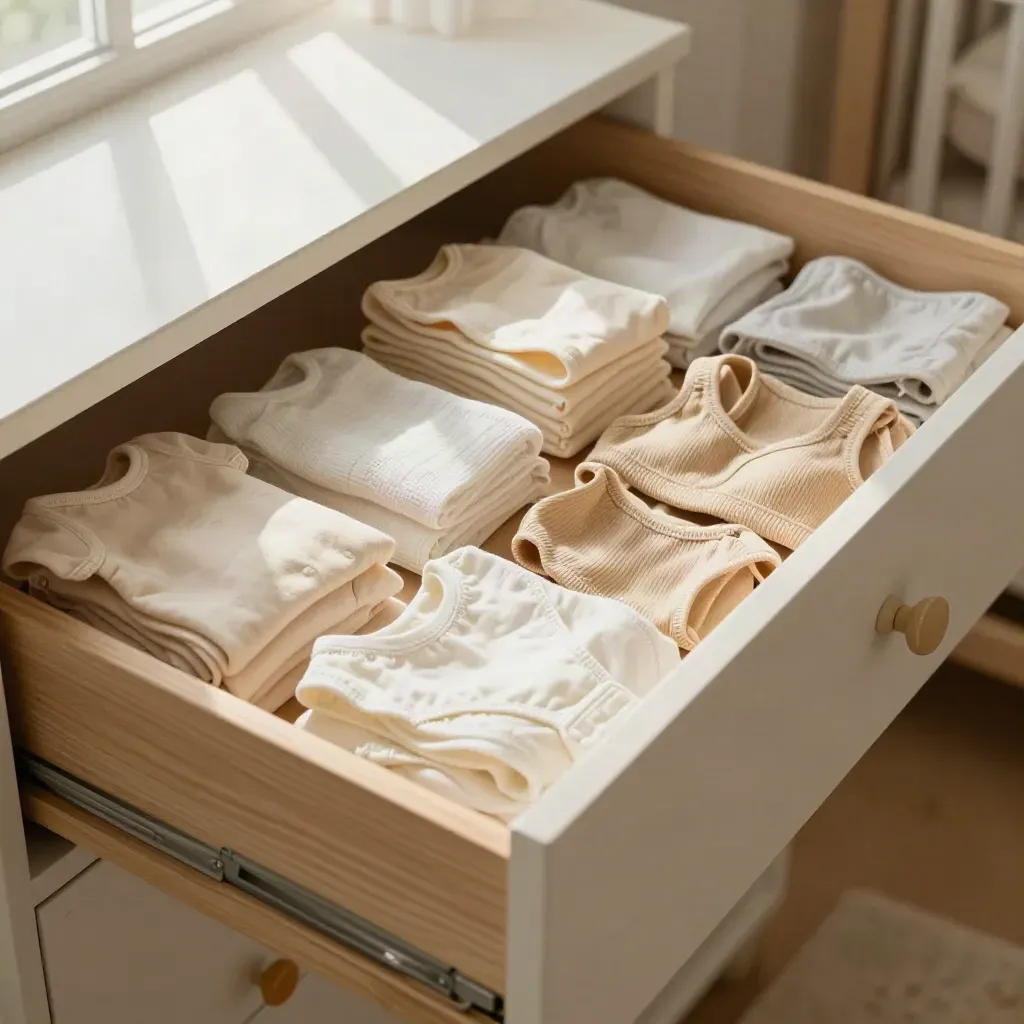 Tiroir de commode bébé ouvert, bodies et langes écrus bien pliés en couches.