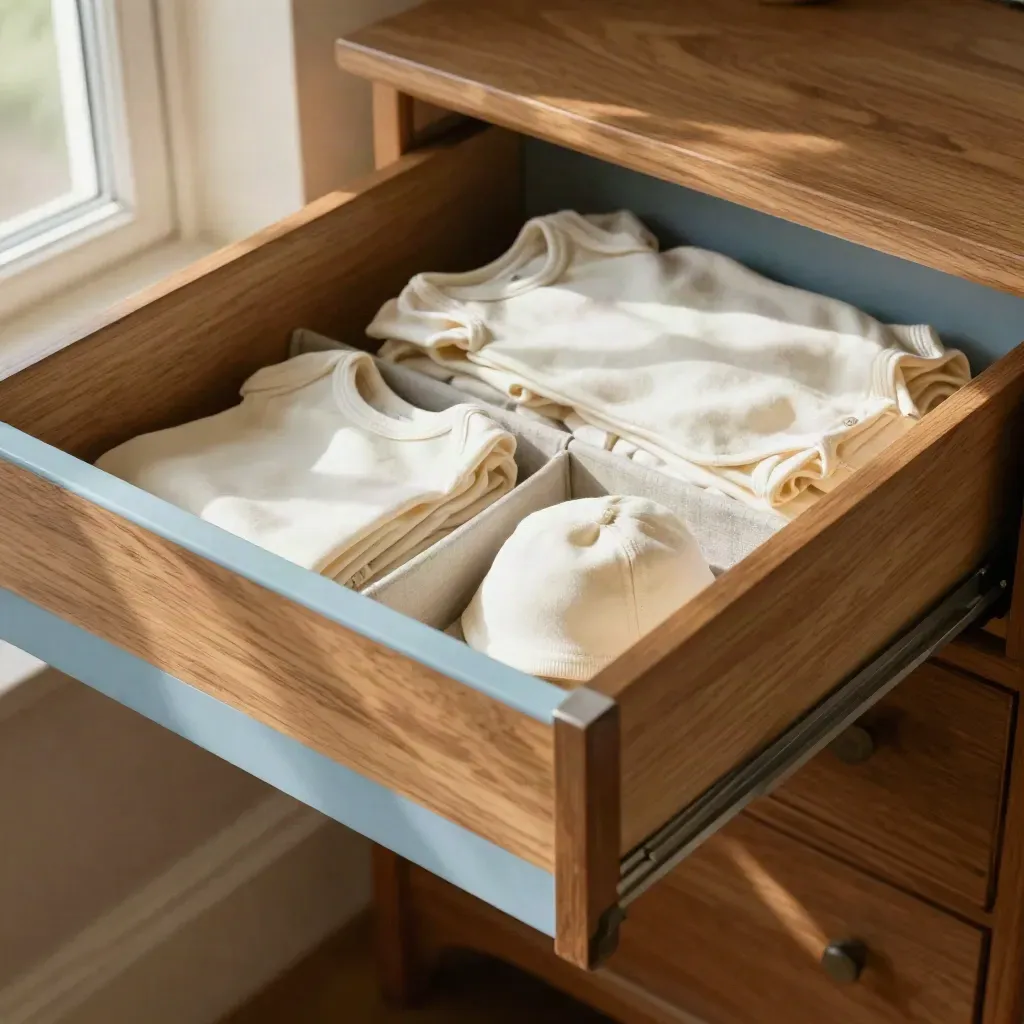 Tiroir de commode de nursery avec bodies écrus, langes pliés et bonnet en coton bleu ciel.
