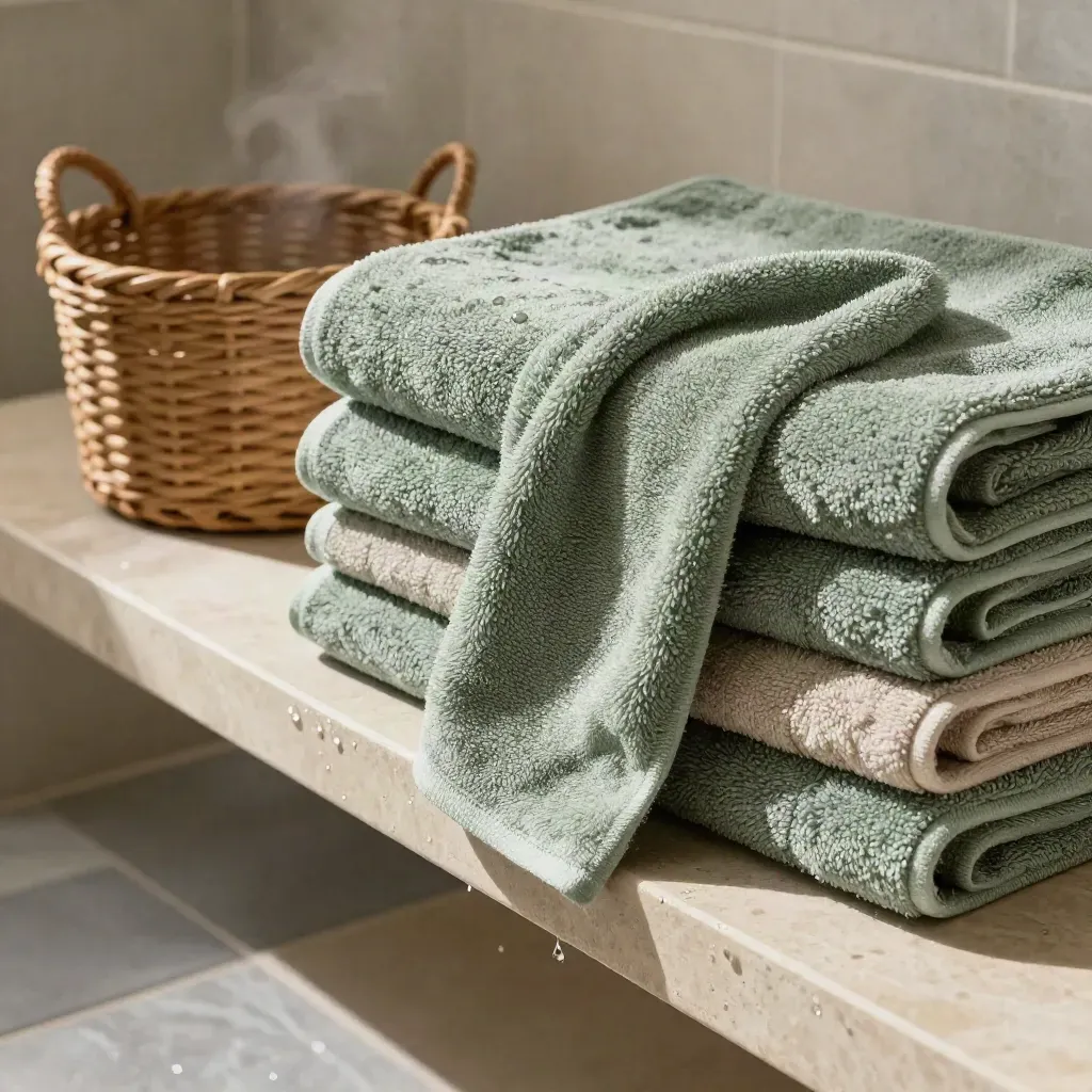Pile de serviettes sauge sur banc de salle de bain, carrelage mouillé et panier en fibres, vapeur légère.