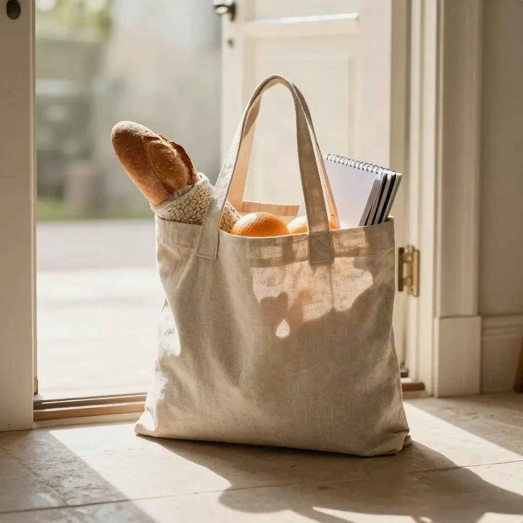 Tote bag en lin rempli d’oranges et d’un pain dans une entrée lumineuse, vue ras du sol.