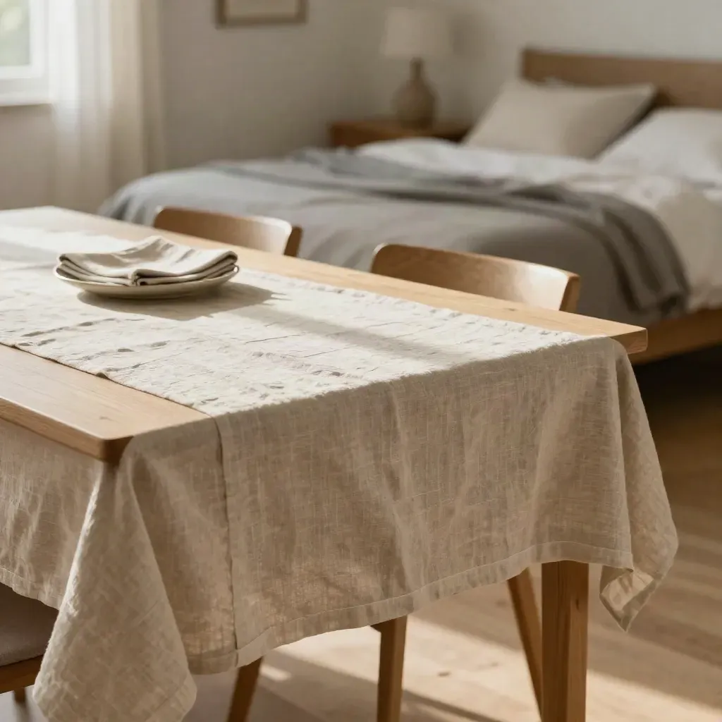 Table en bois clair, nappe en lin beige et chambre douce en arrière-plan.