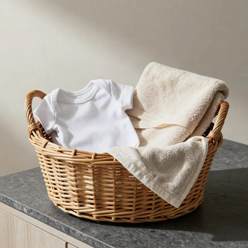 Panier cadeau en coton avec body bébé, tote bag plié et serviette douce sur pierre sombre.