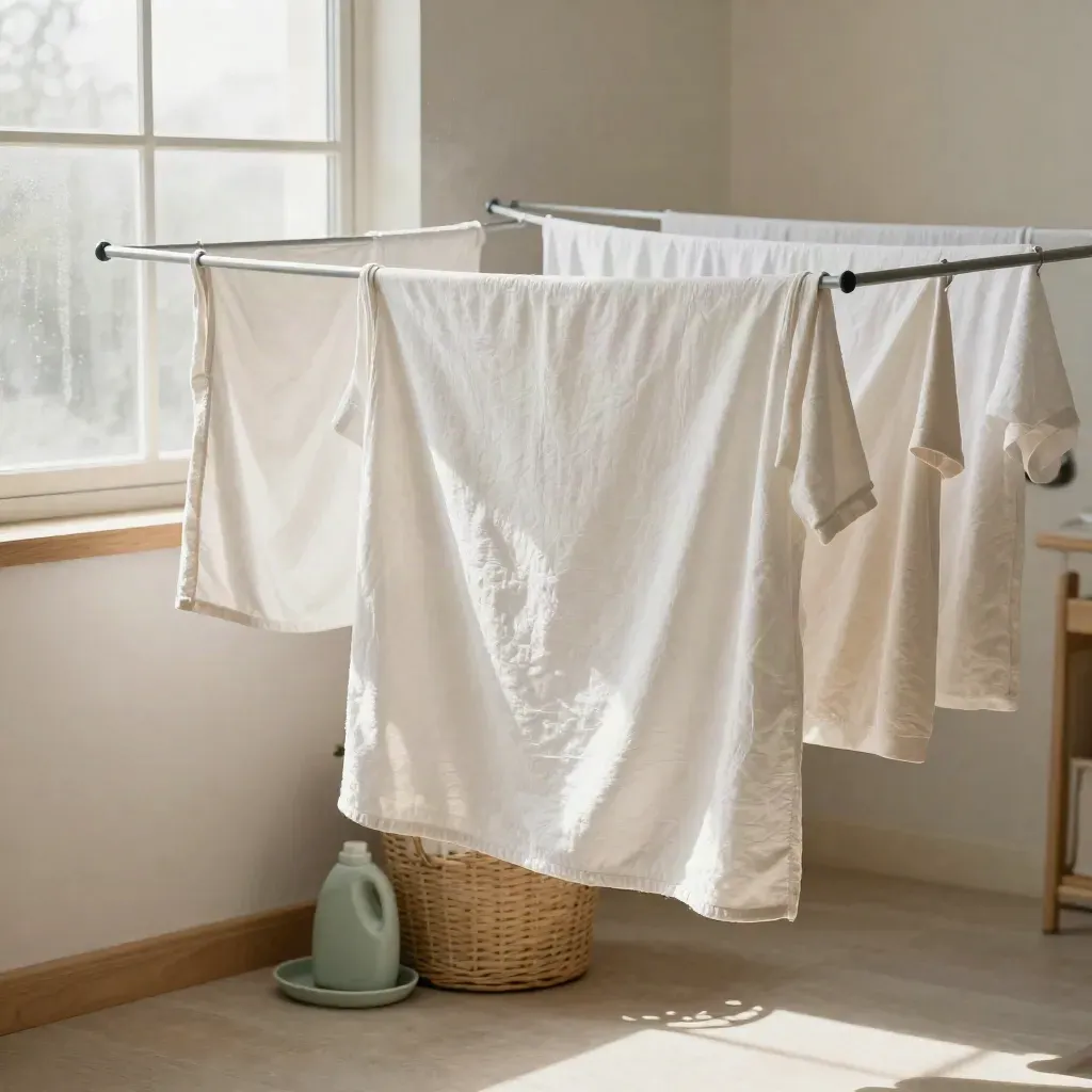 Linge en coton blanchi suspendu dans une buanderie claire, lumière du matin.
