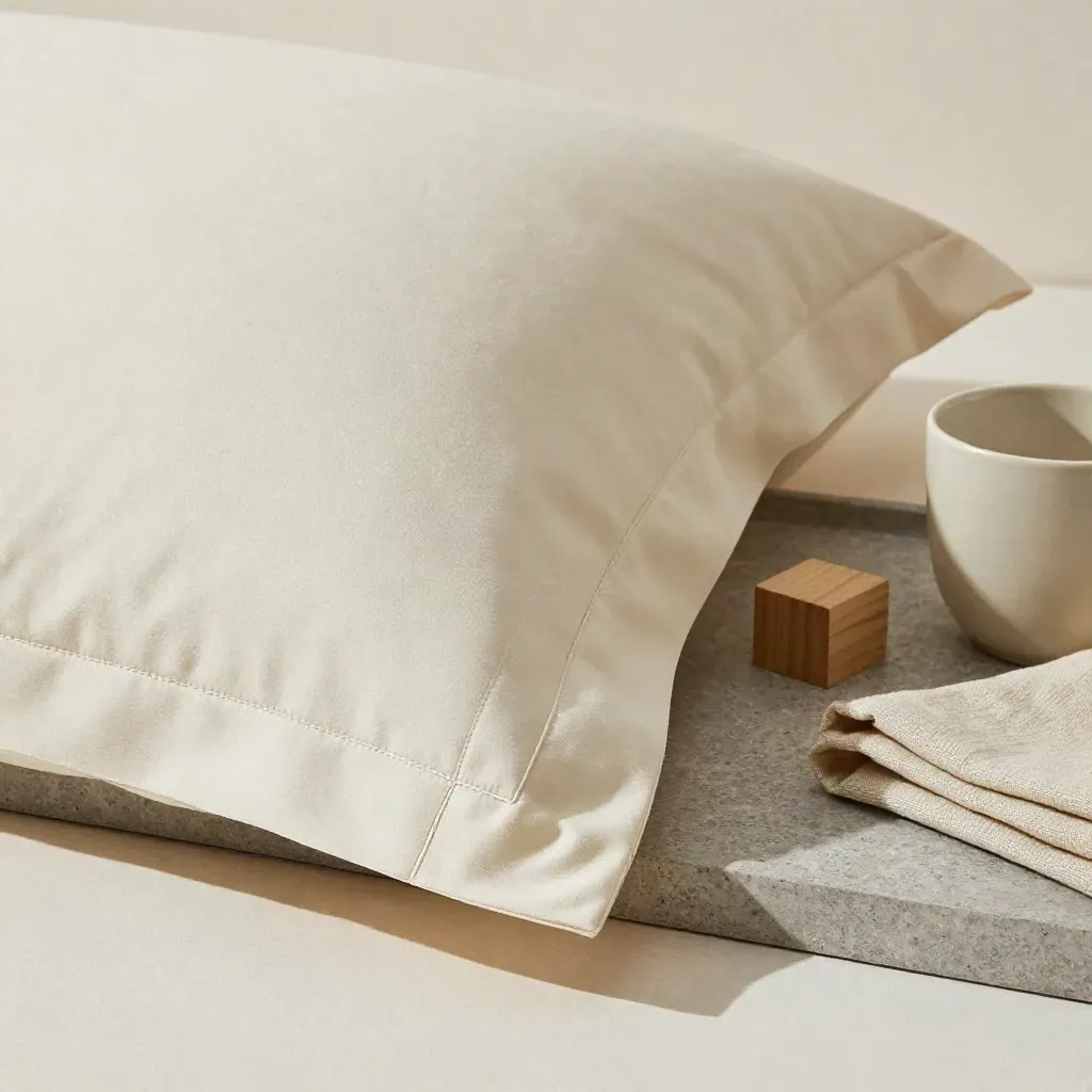 Angle de drap en percale, taie, bloc de bois clair et tasse céramique sur plateau de pierre.