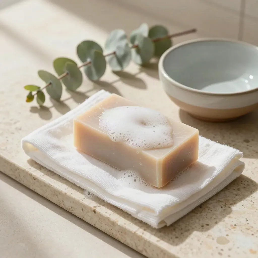 Savon neutre, lavette humide, eucalyptus et bol céramique sur travertin clair.