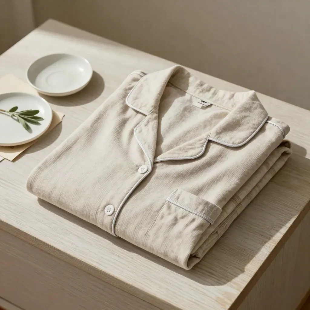 Pyjama écru plié, plaid fin, coupelle céramique et tige de sauge sur bois clair.