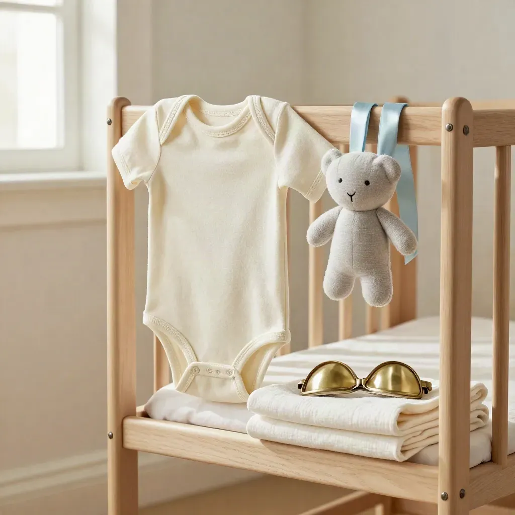 Body bébé écru, lange, brassière et doudou textile sur chaise en bois clair.