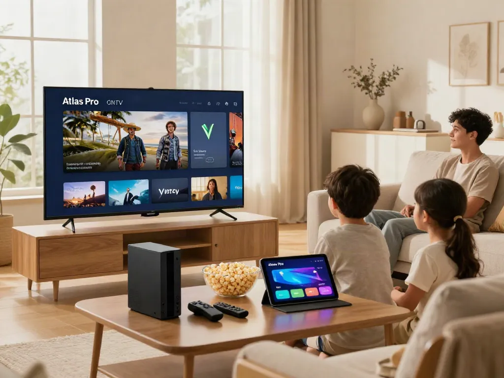 Installation de l'application Atlas Pro ONTV sur un téléviseur, famille profitant d'une expérience IPTV.